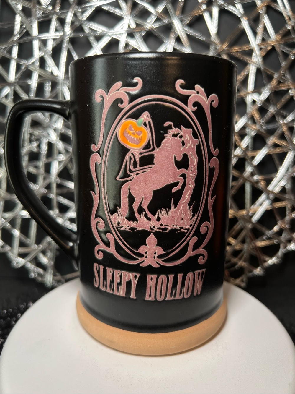 Sleepy Hollow Headless Horseman Black Ceramic Tall Mug Purple Ghostly Readers